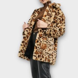 NEW Topshop Faux Fur Coat Jacket Womens US 6 Plush Leopard Animal Print Mobwife